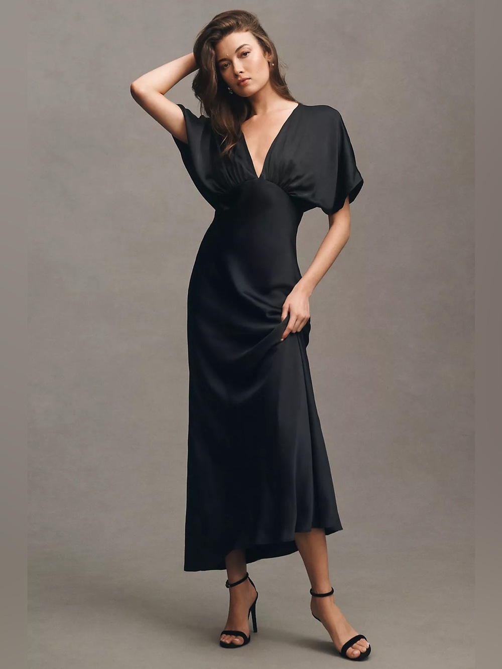 BHLDN Amelia Deep V Flutter Sleeve Satin A-Line Gown Black Size 14 Formal Dress